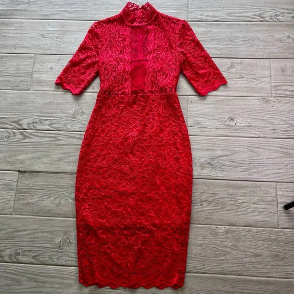 Express Womens‎ Red Floral Lace Scalloped Half Sleeve Midi Dress Size 0 - Picture 1 of 10